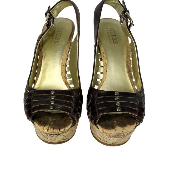 Guess Jarrett Brown Strappy Leather Cork Platform Chunky Heels - Picture 1 of 6
